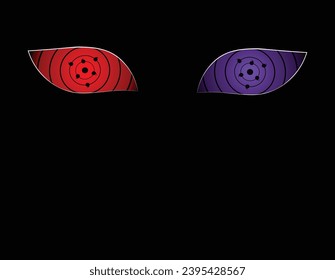 vector pair of rinnegan eyes, red rinnegan and purple rinnegan. black background.