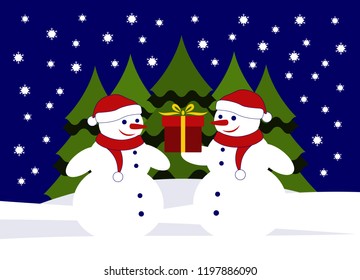 vector pair of snowmen with gift in snowy landscape