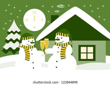 vector pair of snowmen with glasses of champagne