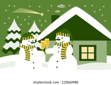 vector pair of snowmen with glasses of champagne