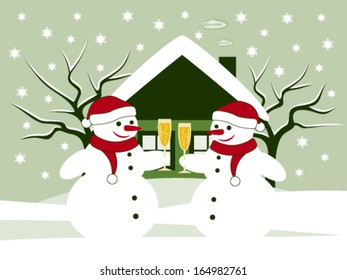 vector pair of snowmen with glasses of champagne in snowy garden