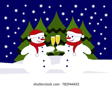 vector pair of snowmen with glasses of champagne in snowy landscape
