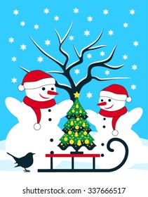 vector pair of snowmen and sledge with christmas tree in snowy landscape