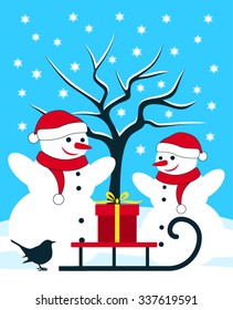 vector pair of snowmen and sledge with gift in snowy landscape