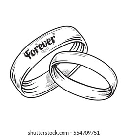 Vector Pair of traditional golden wedding rings. Realistic hand drawing of rings. Black and white version. Symbol of eternal love. Sketch style illustration isolated on white background. 
