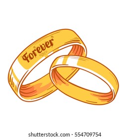 Vector Pair of traditional golden wedding rings. Realistic hand drawing of rings. Colored version. Symbol of eternal love. Sketch style illustration isolated on white background. 