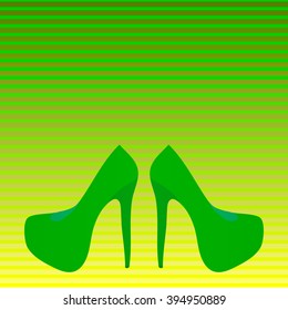 Vector pair of trendy green shoes with high heels on a yellow-green retro background.