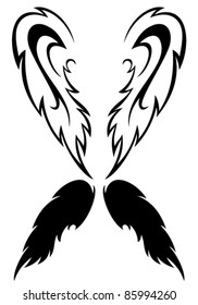 vector pair of wings - black and white outline and silhouette