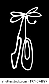 Vector pair of women's ballet shoes on a ribbon with a bow with a white line on a black background. Isolated children's pointe shoes tied with bow, hand-drawn in doodle style for design template