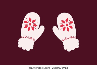 Vector pair of woolen winter mittens with red patterned gloves for cold weather, hand drawn vector
