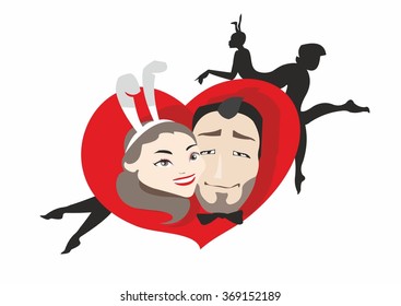 Vector of pair of young people with a red heart and silhouettes on a white background, postal for February, 14