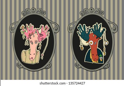 Vector paired portraits of moose hipsters Framed