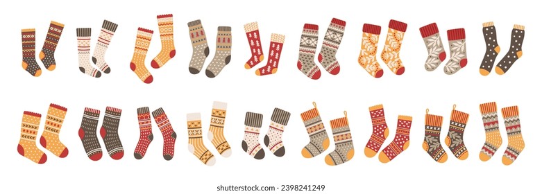 Vector pairs of socks icons set. Illustration of cute knitted accessories with Christmas ornaments. Colorful clothes for men, women, and babies.