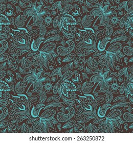 Vector Paisley Ethnic Pattern |  Seamless indian background with swirl national ornaments for textile and wallpaper design, cards and invitations. Brown and turquoise colors