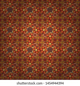 Vector paisley floral pattern. Hand-drawn seamless pattern. Many flowers in orange, brown and red colors.