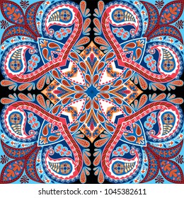 Vector paisley ornament print or background. Silk headscarf, pillow, interior decor square pattern design, oriental style fabric.