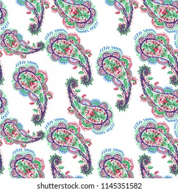 Vector paisley pattern ethnic floral background. Beautiful folk floral pattern shapes leaves and flowers curves design. Colorful romantic plant collage on a white backdrop.