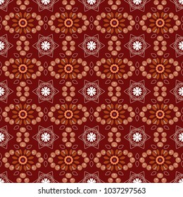 Vector paisley print elements. Home decor, embroidery. Seamless pattern with fantasy mandalas, orange, white and red floral decoration curl illustration.