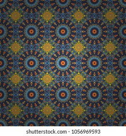 Vector paisley print elements. Home decor, embroidery. Seamless pattern with fantasy mandalas, orange, yellow and blue floral decoration curl illustration.