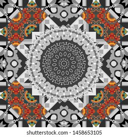 Vector paisley print elements. Home decor, embroidery. Seamless pattern with fantasy mandalas, gray, brown and orange floral decoration curl illustration.