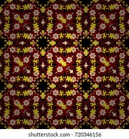 Vector paisley print elements. Home decor, embroidery. Seamless pattern with fantasy mandalas, black, yellow and red floral decoration curl illustration.