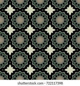 Vector paisley print elements. Home decor, embroidery. Seamless pattern with fantasy mandalas, green, neutral and black floral decoration curl illustration.