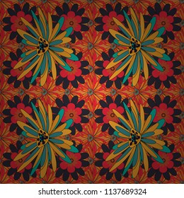 Vector paisley print hand drawn elements. Home decor. Seamless pattern with fantasy flowers, natural wallpaper, yellow, orange and gray floral decoration curl illustration.