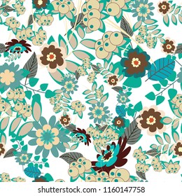 Vector paisley print hand drawn elements. Home decor. Seamless pattern with fantasy flowers, natural wallpaper, beige, green and white floral decoration curl illustration.