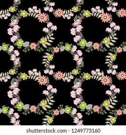 Vector paisley print hand drawn elements. Home decor. Seamless pattern with fantasy flowers, natural wallpaper, black, green and pink floral decoration curl illustration.