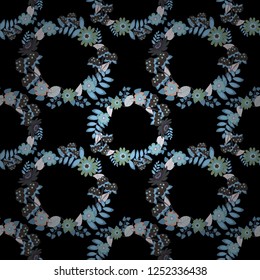 Vector paisley print hand drawn elements. Seamless pattern with fantasy flowers, natural wallpaper, brown, blue and black floral decoration curl illustration. Home decor.