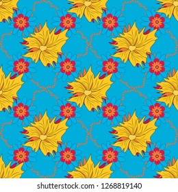 Vector paisley print hand drawn elements. Seamless pattern with fantasy flowers, natural wallpaper, blue, yellow and orange floral decoration curl illustration. Home decor.