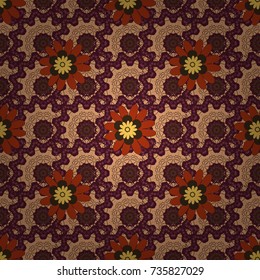 Vector paisley print hand drawn elements. Home decor. Seamless pattern with fantasy flowers, natural wallpaper, brown, purple and beige floral decoration curl illustration.