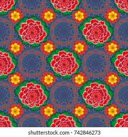 Vector paisley print hand drawn elements. Home decor. Seamless pattern with fantasy flowers, natural wallpaper, red, green and violet floral decoration curl illustration.