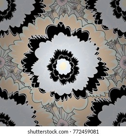 Vector paisley print hand drawn elements. Home decor. Seamless pattern with fantasy flowers, natural wallpaper, beige, gray and black floral decoration curl illustration.