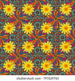 Vector paisley print hand drawn elements. Home decor. Seamless pattern with fantasy flowers, natural wallpaper, brown, blue and yellow floral decoration curl illustration.