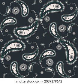 Vector paisley random shape seamless pattern natural dark green color shade background. Use for fabric, textile, interior decoration elements.