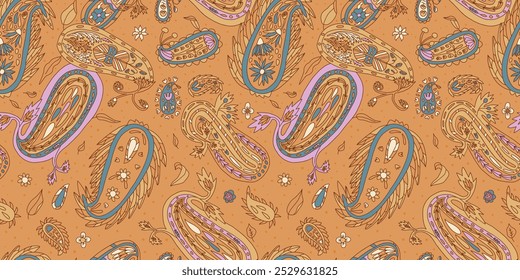Vector paisley seamless pattern. Autumnal ornament repeat background. Surface pattern design ethnic modern motif. Hand drawn illustration.