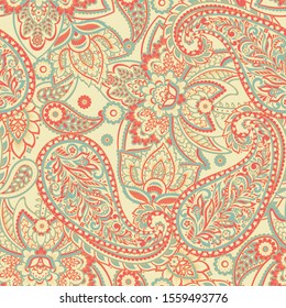 Vector Paisley seamless pattern with flowers in indian style. 