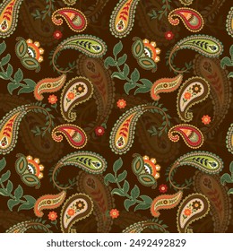 Vector paisley seamless pattern on brown background. Traditional and oriental folk design for wallpaper, textile, blanket, clothing vector design stock illustration.