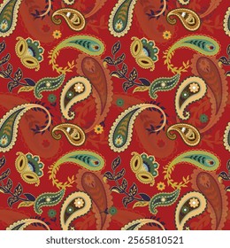 Vector paisley seamless pattern on burgundy color background. Traditional and oriental folk design for wallpaper, textile, blanket, clothing vector design stock illustration.