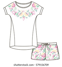 Vector pajama set. Top and shorts. Colorful ethnic flowers neck line. Embroidery for Fashion