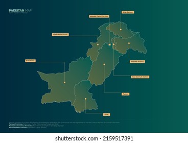 Vector Pakistan Latest map with divided province wise, Punjab, Sindh, Balochistan, Khyber Pakhtunkhwa, Capital Islamabad, Kashmir, Gilgit Baltistan with their callouts and detailed description, EPS