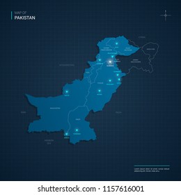 Vector Pakistan map illustration with blue neon lightpoints - triangle on dark blue gradient background. Administrative divisions, cities, borders, capital. Neon tech background with glow. 