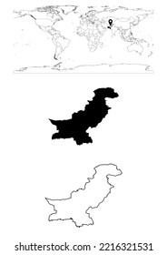 Vector Pakistan map, map of Pakistan showing country location on world with solid and outline maps for Pakistan on white background. File is suitable for digital editing and prints of all sizes.