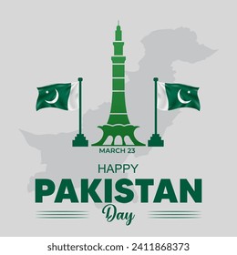 Diseño del día de resolución de vectores en pakistán con mapa nacional y construcción de bandera y monumento.