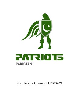 Vector Pakistani Flag Patriots Soldier Logo. Mascot Character Design. Memorial Day Army man with Shield. Vector Freedom Leader Logo illustration
