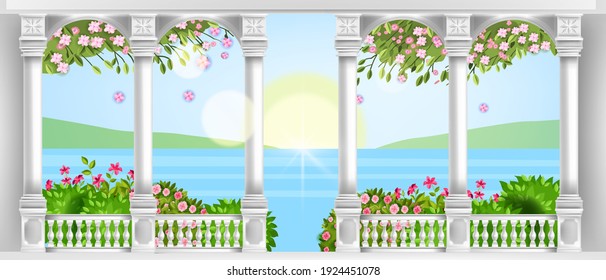 Vector palace balustrade, ancient roman marble balcony with arches, pillars, handrail, blossom, roses, bushes. European classic architecture background with spring landscape. Summer palace columns