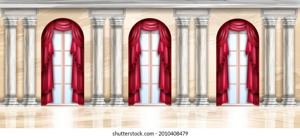 Vector palace interior background, castle hall, marble ballroom, classic arch window, stone pillar. Baroque gallery indoor space, Greek column, floor, luxury exhibition gallery. Palace interior design