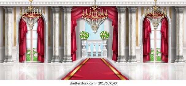 Vector palace interior background, royal castle room illustration, arch window, marble column, carpet. Rich museum gallery, classic wedding hall, curtain, golden chandelier. Vintage palace interior