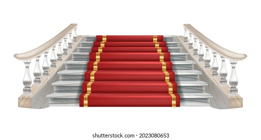 Vector palace staircase illustration, classic house stairs front view, red carpet, marble balustrade. Vintage architecture interior element, baroque theatre entrance. Palace, mansion old staircase